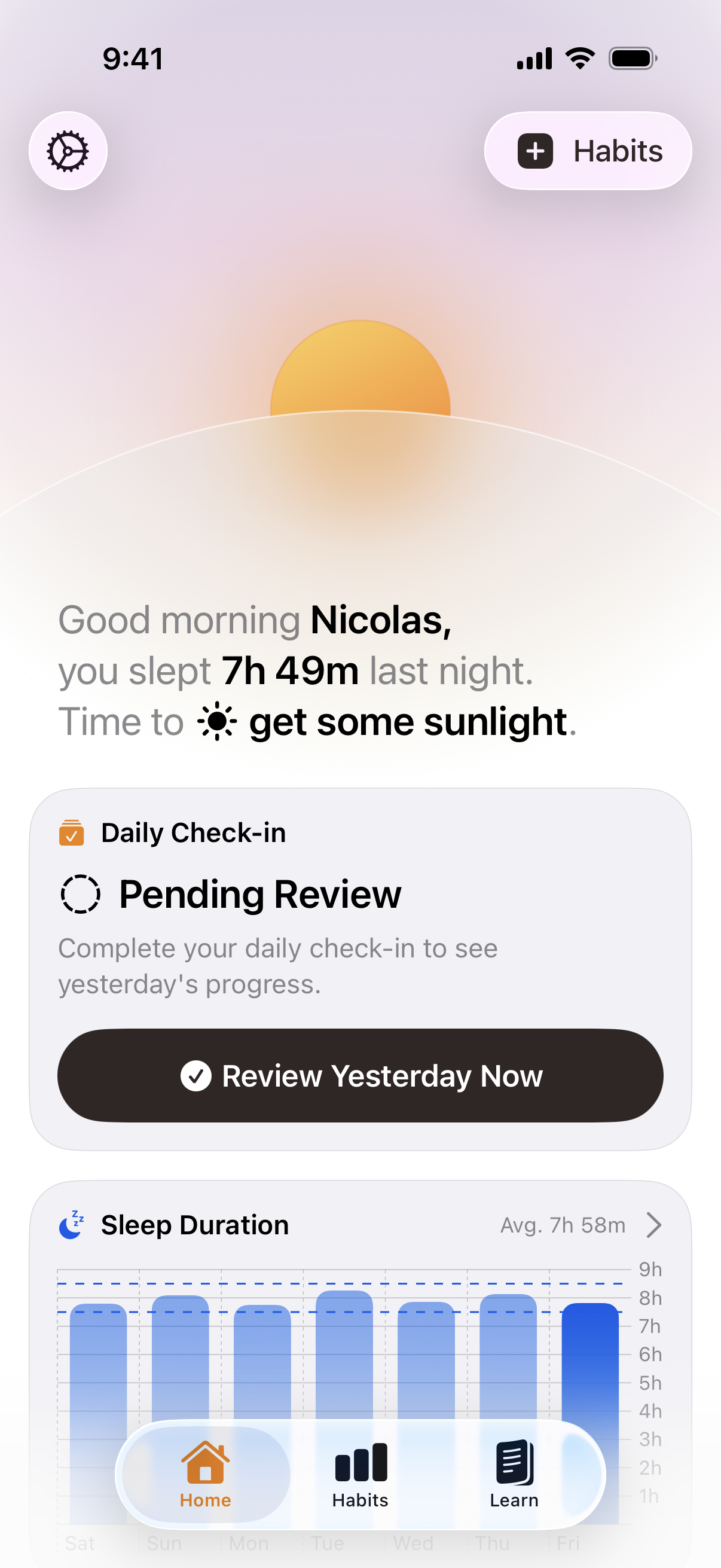 Supersleep home screen showing a daily check-in and sleep duration chart